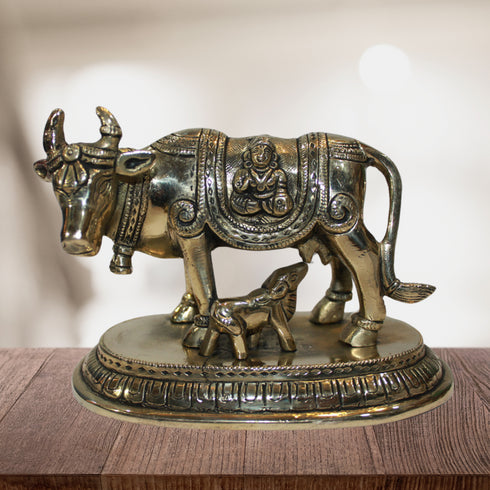 Brass Cow With Calf Statue 1211g